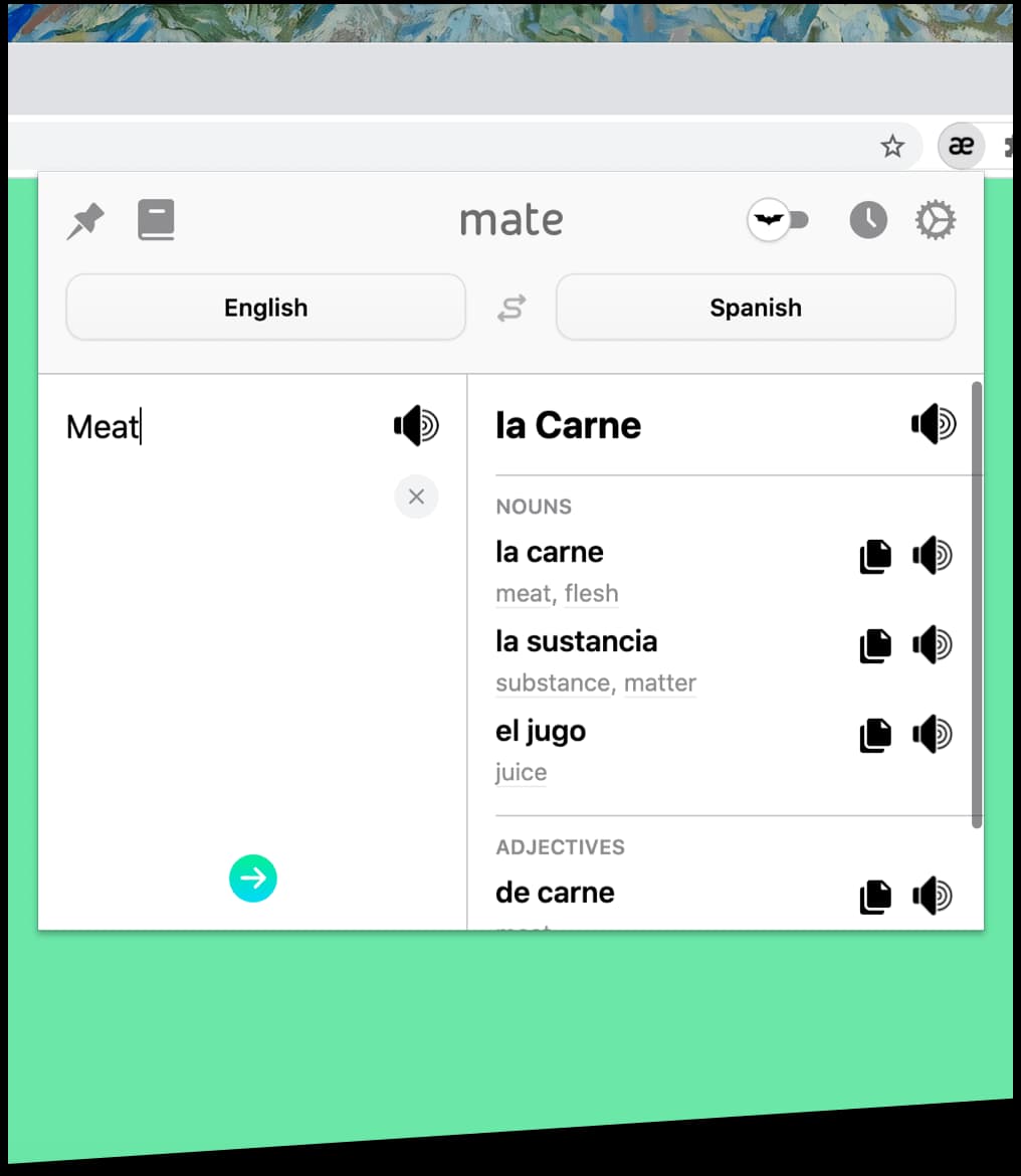 Chrome extension toolbar with Mate Translate features